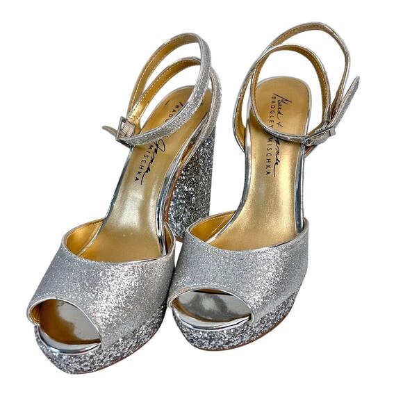Badgley Mischka 7.5 Zale Open Toe Platform Block Heel Glitter Adjustable Buckle - Picture 2 of 9